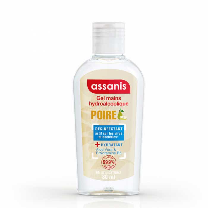 ASSANIS POCKET GEL HYDROALCOOLIQUE SANS RINCAGE POUR LES MAINS SENTEUR POIRE 80 ML