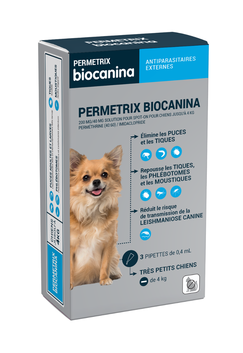 BIOCANINA PERMETRIX TRAITEMENT PUCES TIQUES PETITS CHIENS 3 PIPETTES DE 1ML