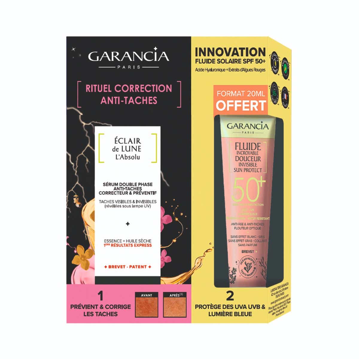 COFFRET RITUEL CORRECTION ANTI TACHES ECLAIR DE LUNE L 039 ABSOLU 30ML FLUIDE INCROYABLE DOUCEUR INVISIBLE SUN PROTECT SPF50 20ML OFFERT
