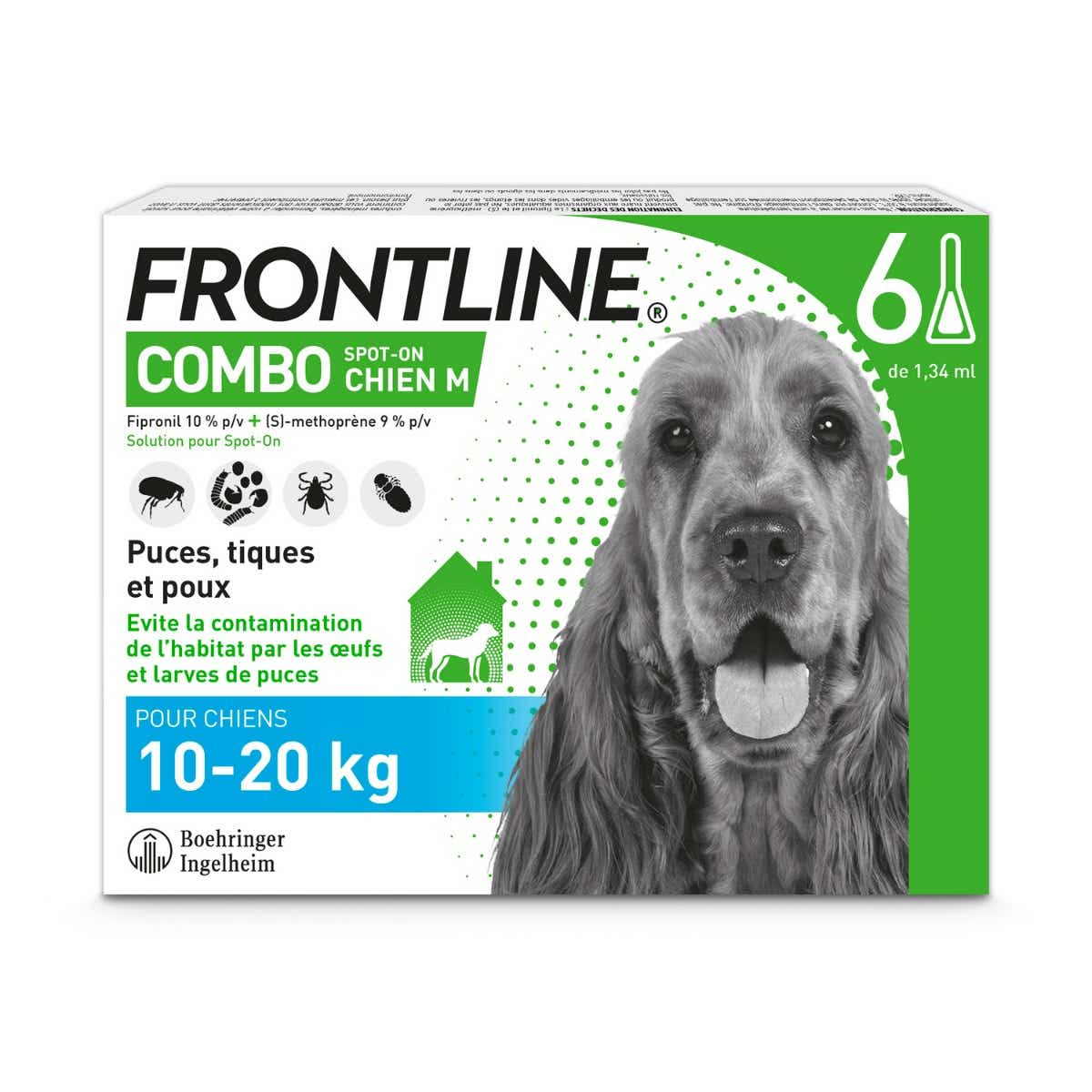 FRONTLINE COMBO SPOT ON CHIEN 10 A 20KG 6 PIPETTES DE 1 34ML