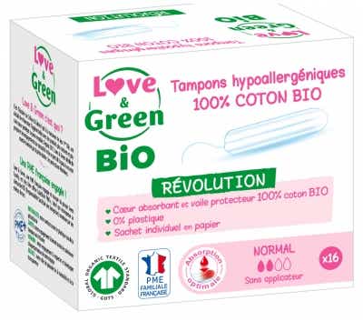LOVE AND GREEN TAMPONS DIGITAUX NORMAUX HYPOALLERGENIQUES SANS APPLICATEUR 16 TAMPONS