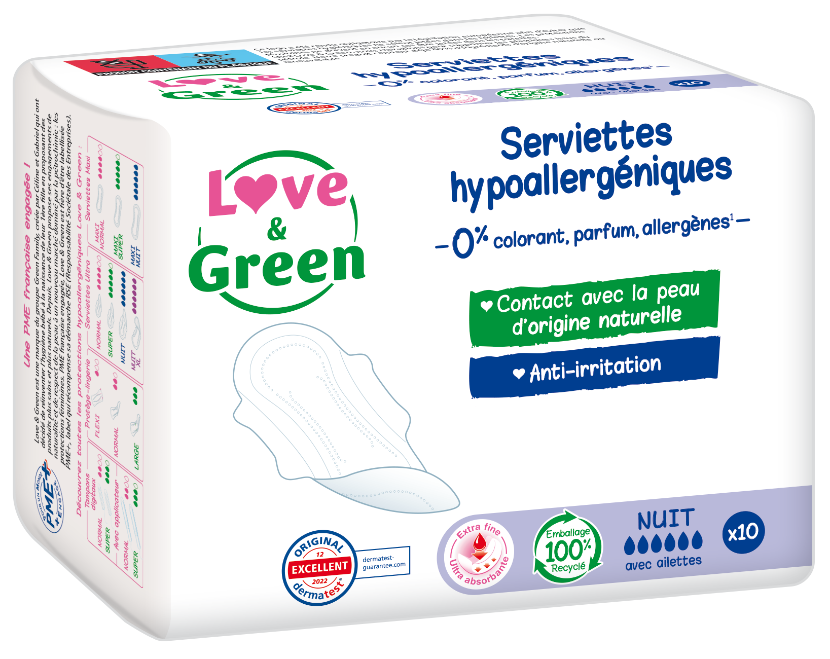 LOVE GREEN SERVIETTES HYGIENIQUES HYPOALLERGENIQUES ANTI IRRITATION NUIT 10 UNITES