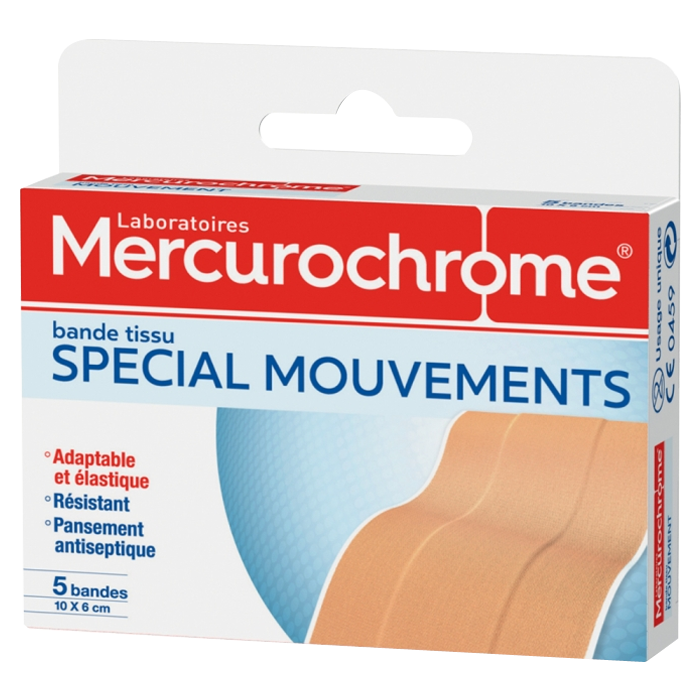 MERCUROCHROME BANDE TISSU SPECIAL MOUVEMENTS 5 BANDES DE 10X6CM