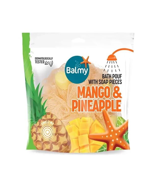 POUF DE BAIN AVEC DES MORCEAU DE SAVON À LA MANGUE ET À L'ANANAS