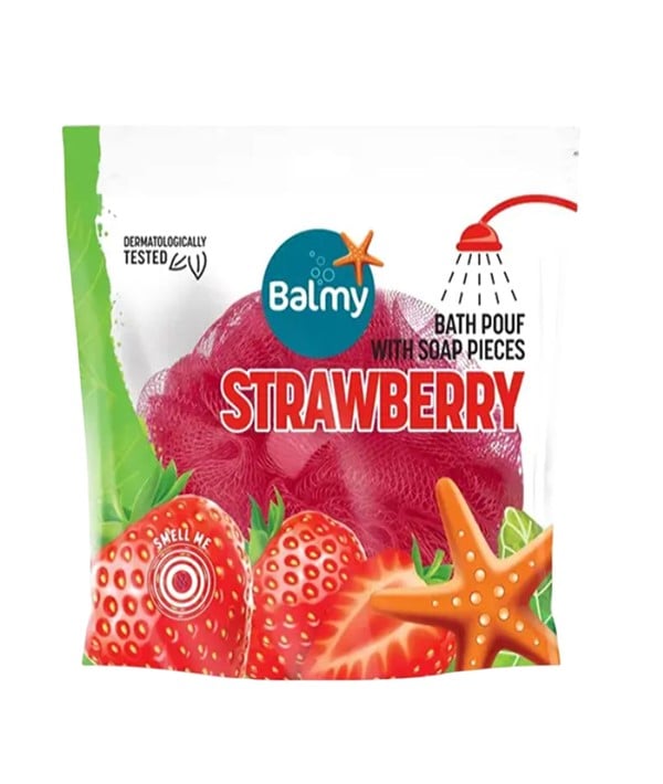 POUF DE BAIN AVEC DES MORCEAUX DE SAVON À LA FRAISE 